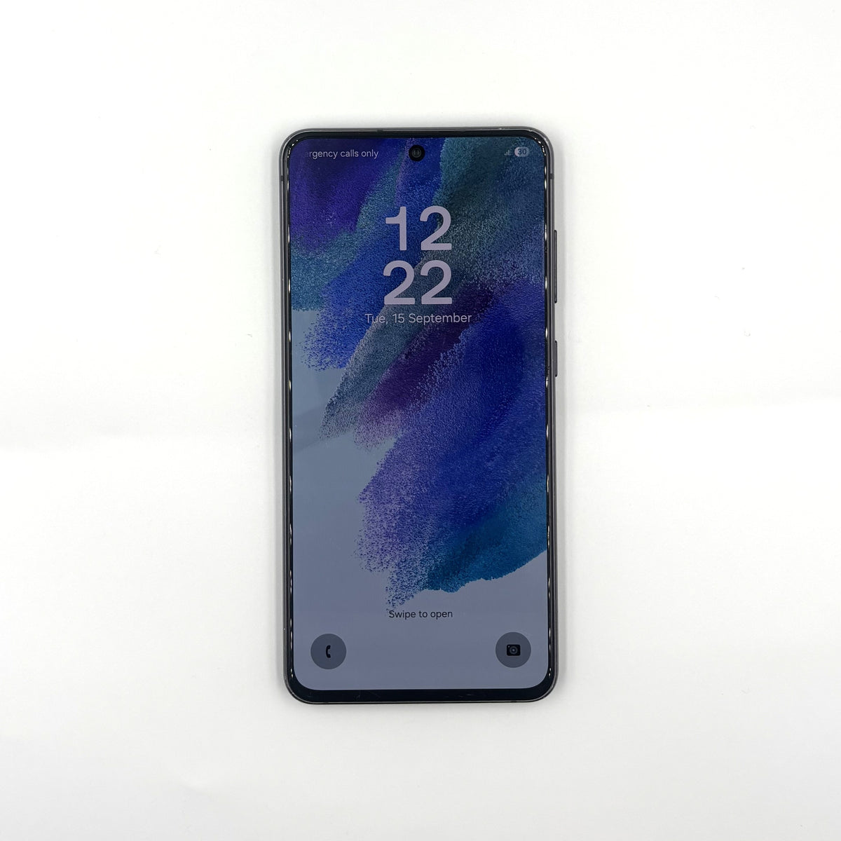 A black Samsung Galaxy S21 FE smartphone with a dark blue and purple abstract wallpaper, shown from the front on a clean white background.