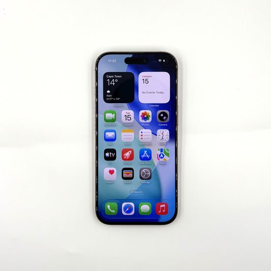 A iPhone 16 Pro with the screen turned on, displaying the home screen and widgets, photographed from a top-down angle on a clean white background.
