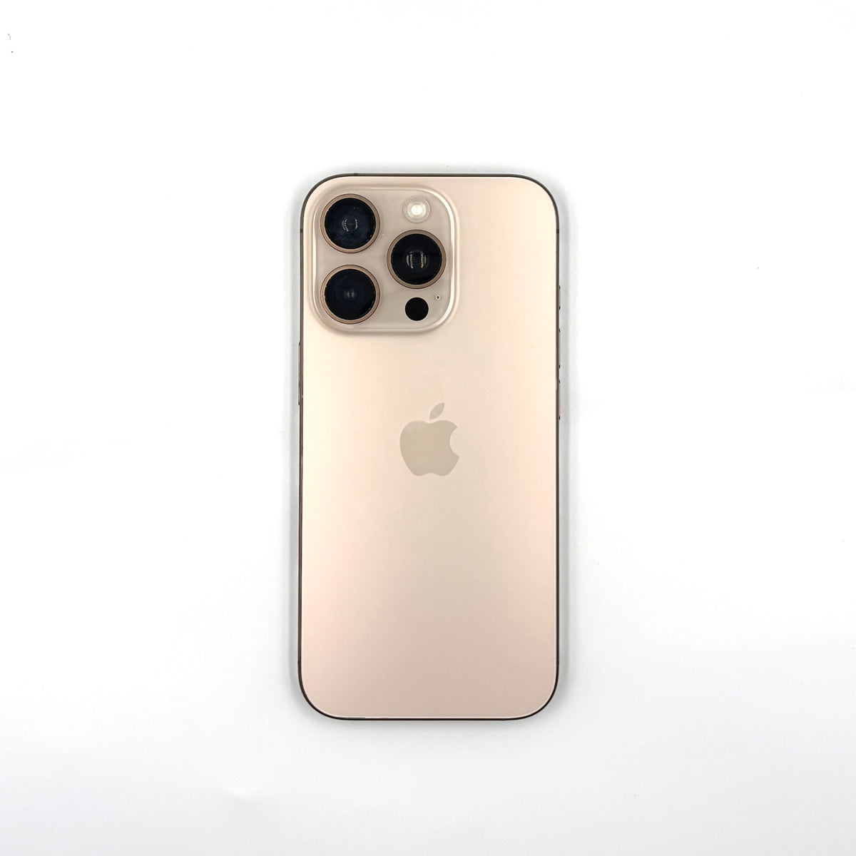 A Desert Titanium Apple iPhone 16 Pro with a clear protective bumper case, shown from the back on a clean white background.