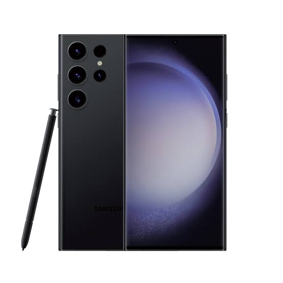 Samsung Galaxy S23 Ultra smartphone shown from the back in a dark gray finish, alongside its matching S-Pen stylus on a plain white background.