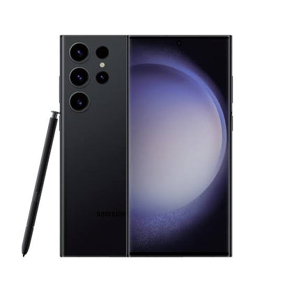 Samsung Galaxy S23 Ultra smartphone shown from the back in a dark gray finish, alongside its matching S-Pen stylus on a plain white background.