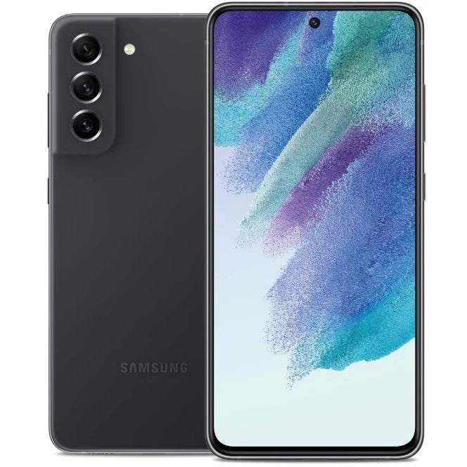 Samsung smartphone shown from the back and front on a white background. The back is dark gray/black, and the front screen displays a colorful abstract wallpaper.